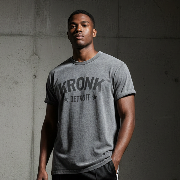 KRONK Detroit Stars Loose Fit Vintage T Shirt Charcoal with Black print