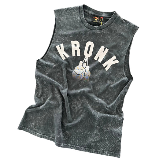 KRONK Faded G Raw Edge Sleeveless Loose Fit Authentic Wash T Shirt Charcoal