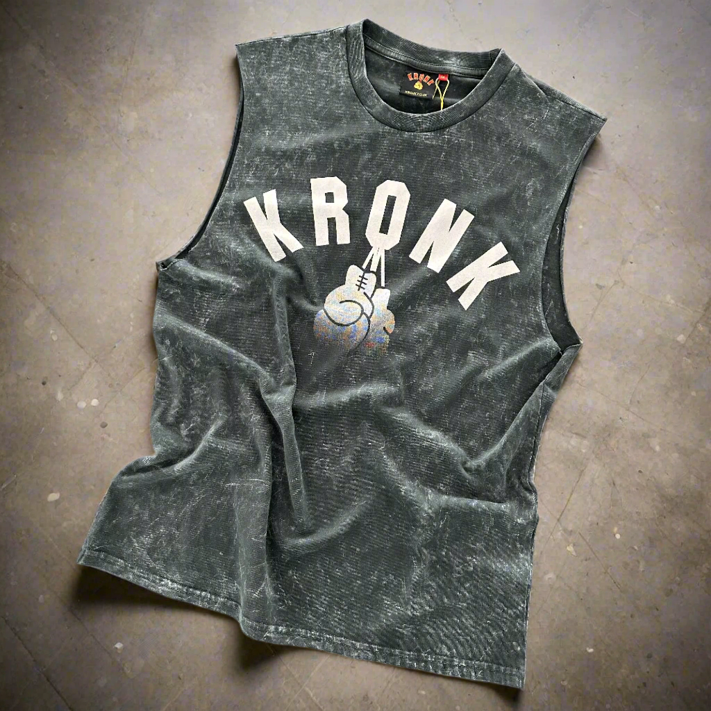 KRONK Faded G Raw Edge Sleeveless Loose Fit Authentic Wash T Shirt Charcoal