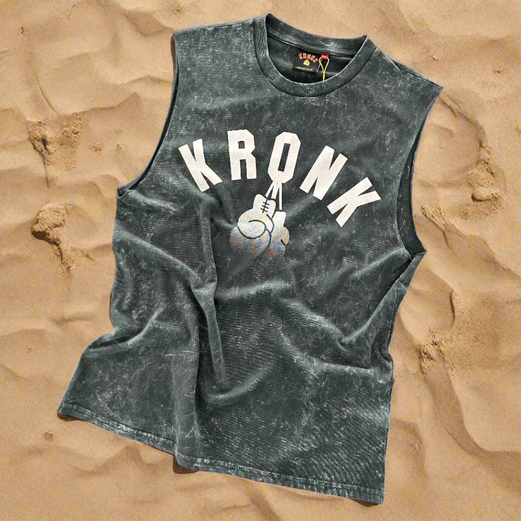 KRONK Faded G Raw Edge Sleeveless Loose Fit Authentic Wash T Shirt Charcoal