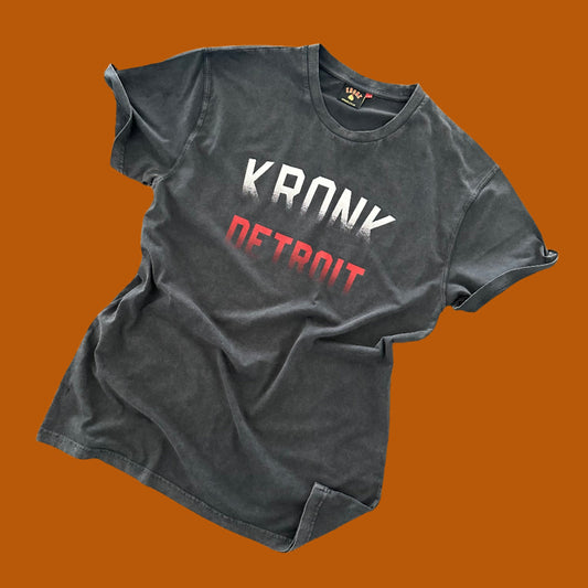 KRONK Faded Iconic Detroit Loose Fit Vintage Wash T Shirt Charcoal with Red & White print