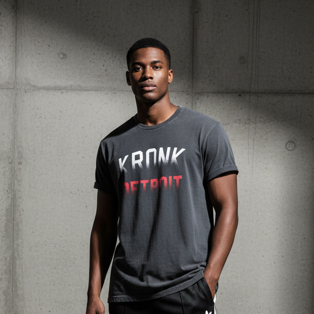 KRONK Faded Iconic Detroit Loose Fit Vintage Wash T Shirt Charcoal with Red & White print