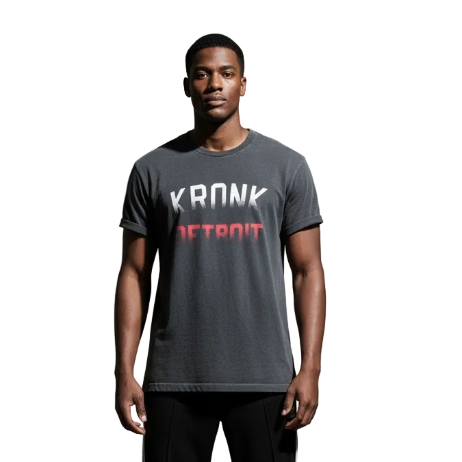 KRONK Faded Iconic Detroit Loose Fit Vintage Wash T Shirt Charcoal with Red & White print