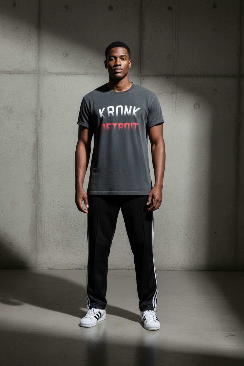KRONK Faded Iconic Detroit Loose Fit Vintage Wash T Shirt Charcoal with Red & White print
