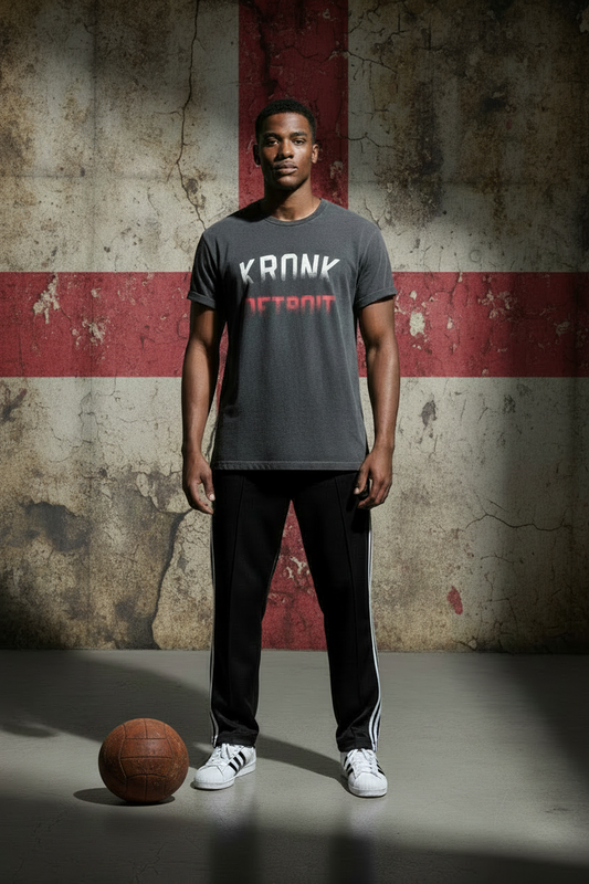 KRONK Faded Iconic Detroit Loose Fit Vintage Wash T Shirt Charcoal with Red & White print