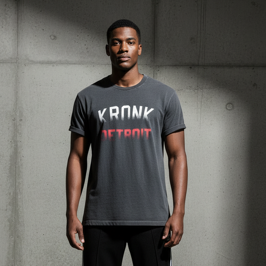 KRONK Faded Iconic Detroit Loose Fit Vintage Wash T Shirt Charcoal with Red & White print