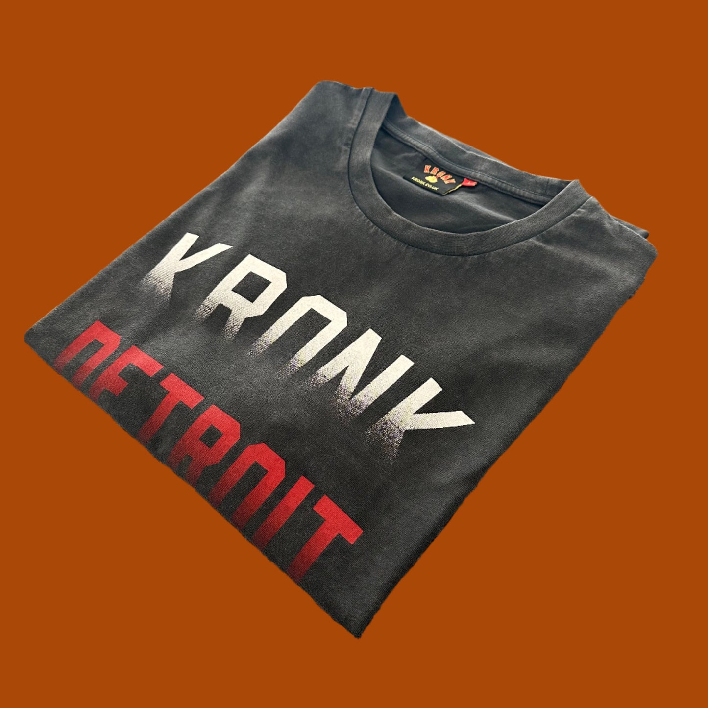KRONK Faded Iconic Detroit Loose Fit Vintage Wash T Shirt Charcoal with Red & White print