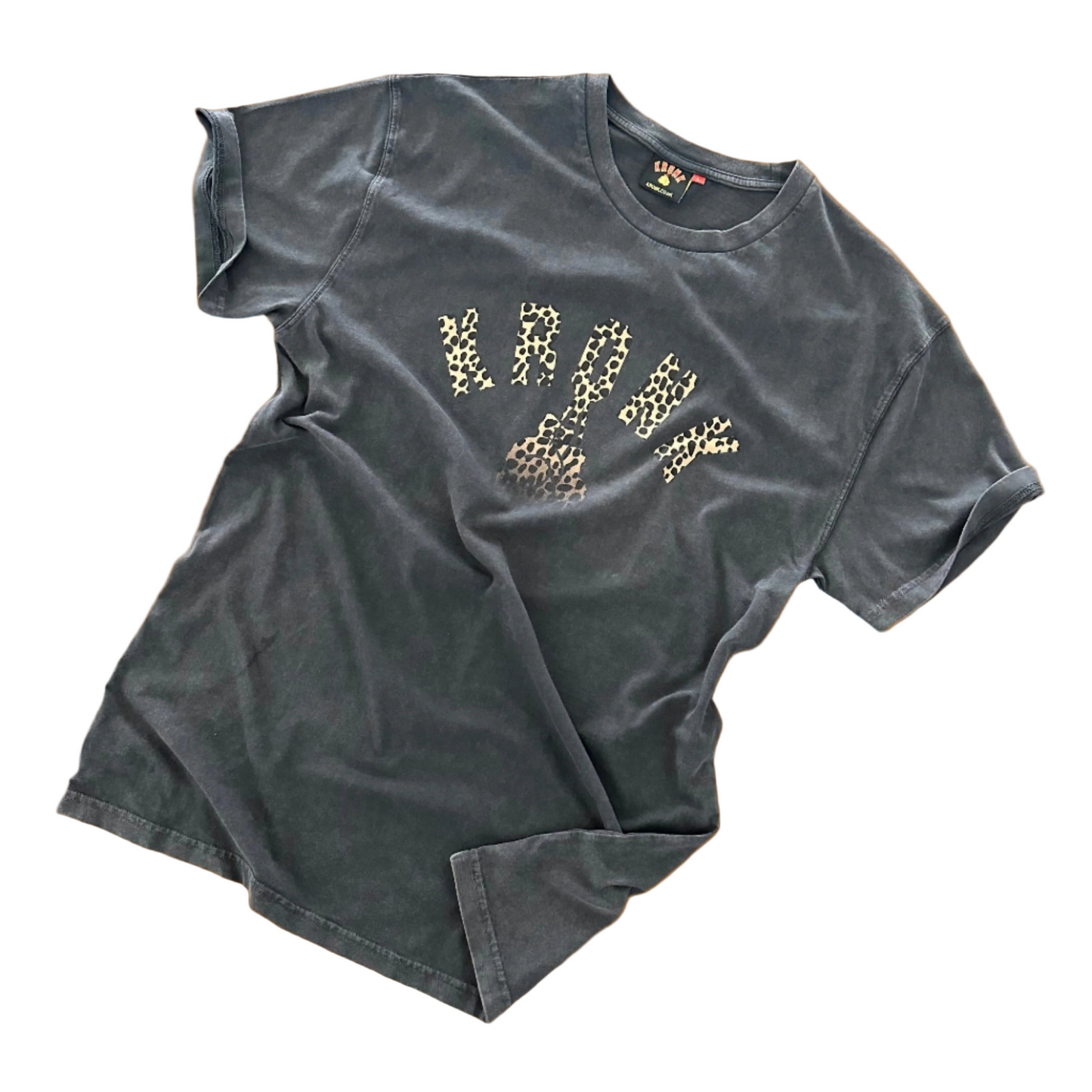 KRONK Faded Leopard Gloves Loose Fit Vintage Wash T Shirt Charcoal