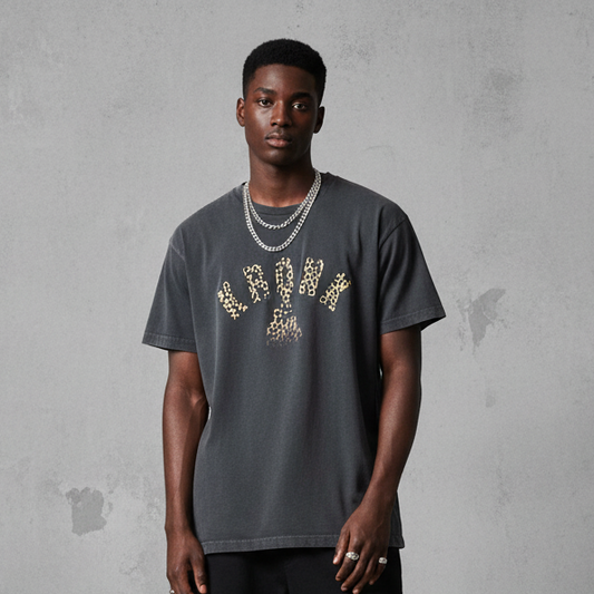 KRONK Faded Leopard Gloves Loose Fit Vintage Wash T Shirt Charcoal