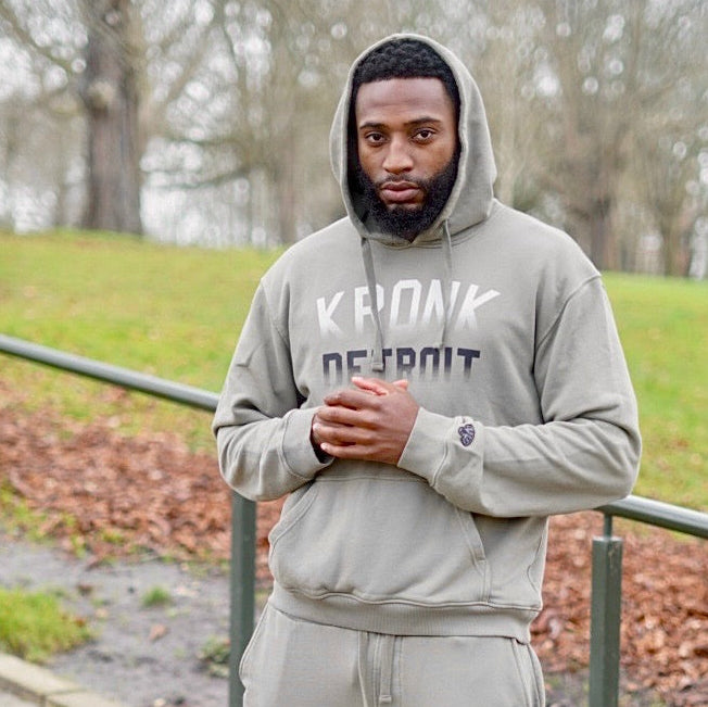 KRONK Faded Iconic Detroit Vintage Wash Hoodie Loose Fit Khaki