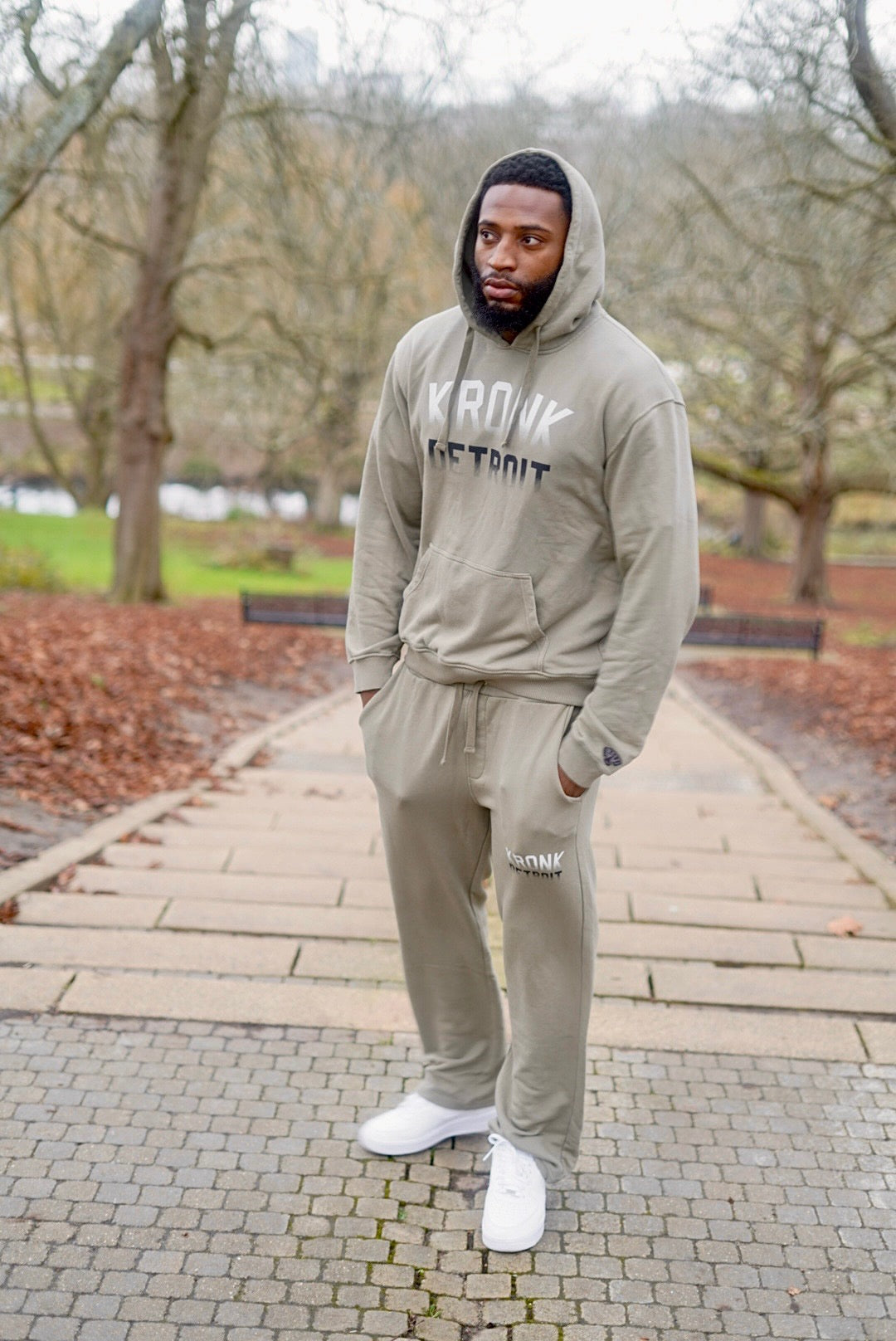 KRONK Faded Iconic Detroit Vintage Wash Hoodie Loose Fit Khaki