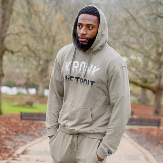 KRONK Faded Iconic Detroit Vintage Wash Hoodie Loose Fit Khaki
