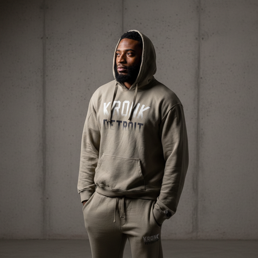 KRONK Faded Iconic Detroit Vintage Wash Hoodie Loose Fit Khaki