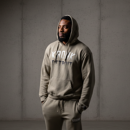 KRONK Faded Iconic Detroit Vintage Wash Hoodie Loose Fit Khaki