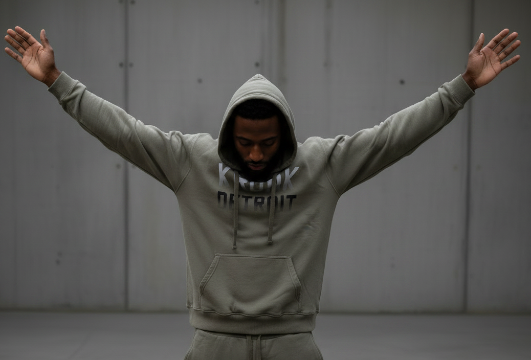 KRONK Faded Iconic Detroit Vintage Wash Hoodie Loose Fit Khaki