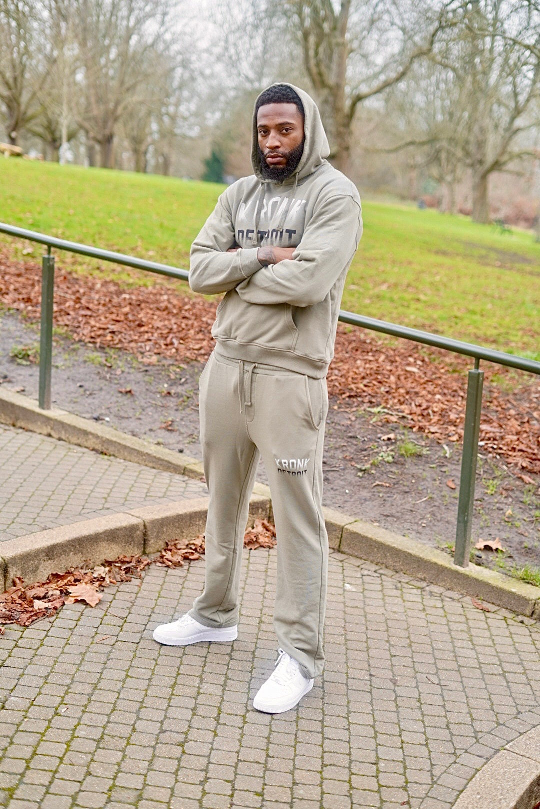 KRONK Faded Iconic Detroit Vintage Wash Hoodie Loose Fit Khaki