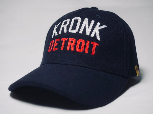 KRONK Iconic Detroit Felt Cap: Navy with White & Red Chain Stitch Embroidery