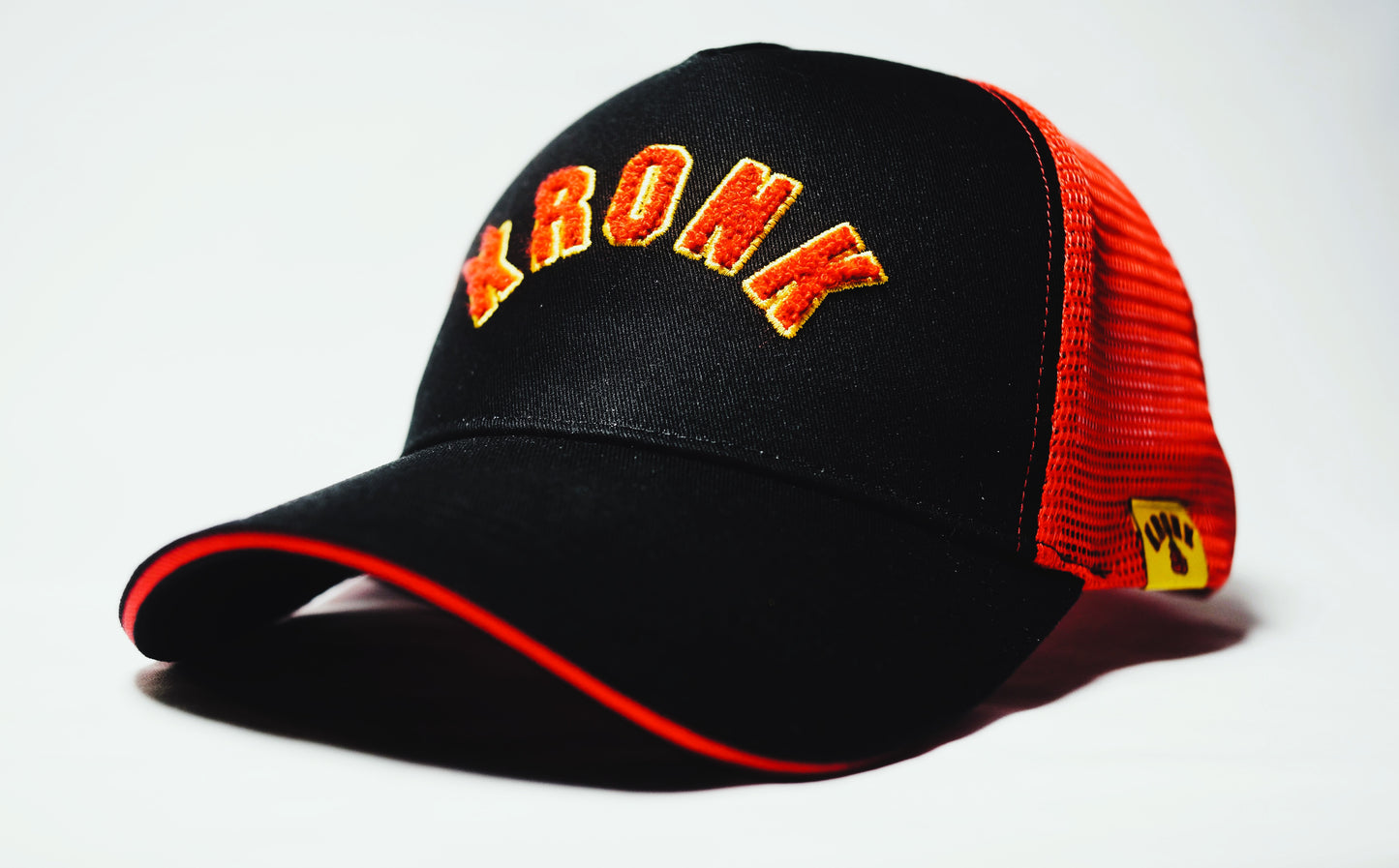 KRONK WAR Trucker Cap: Black with Red Mesh and Red & Yellow Towelling Embroidery