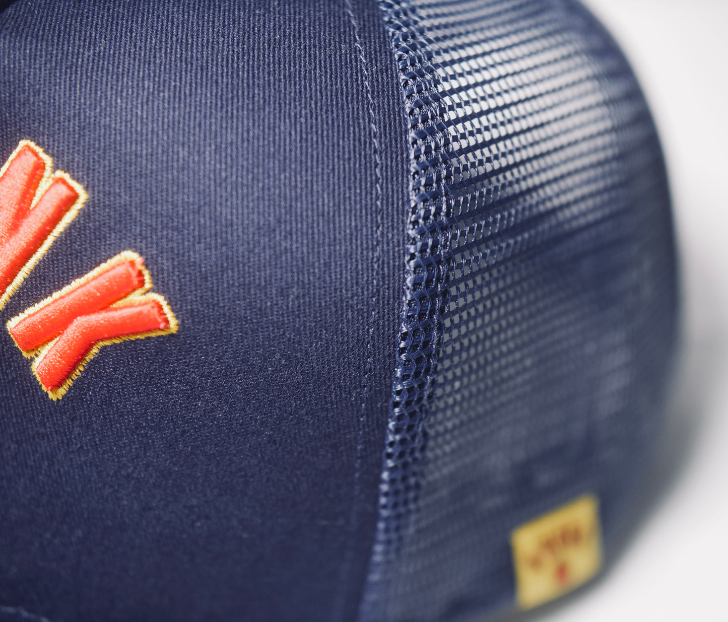 KRONK Gloves Trucker Cap: Navy with 3D Red & Yellow Embroidery