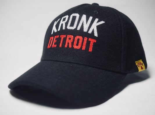 KRONK Iconic Detroit Felt Cap: Black with White & Red Chain Stitch Embroidery