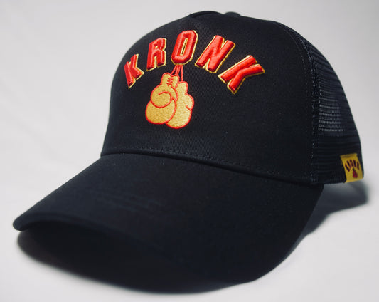 KRONK Gloves Trucker Cap: Black with 3D Red & Yellow Embroidery