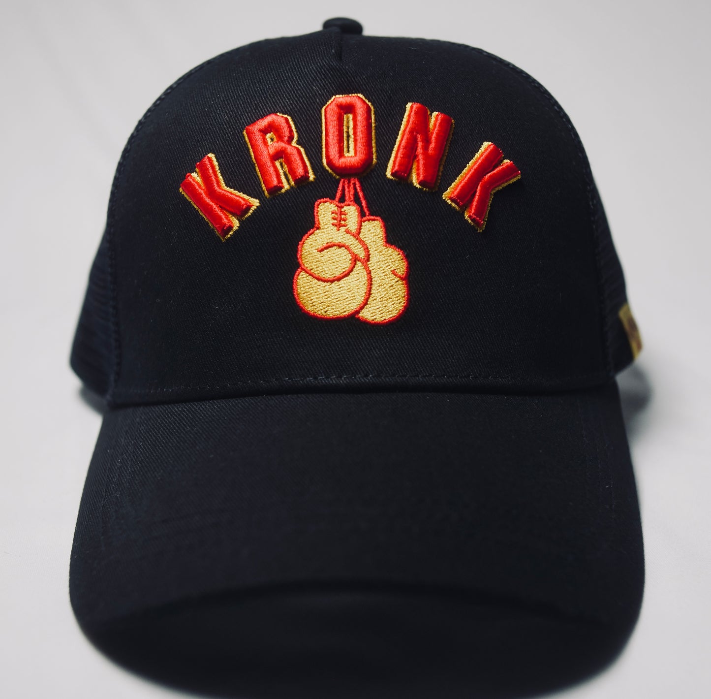 KRONK Gloves Trucker Cap: Black with 3D Red & Yellow Embroidery