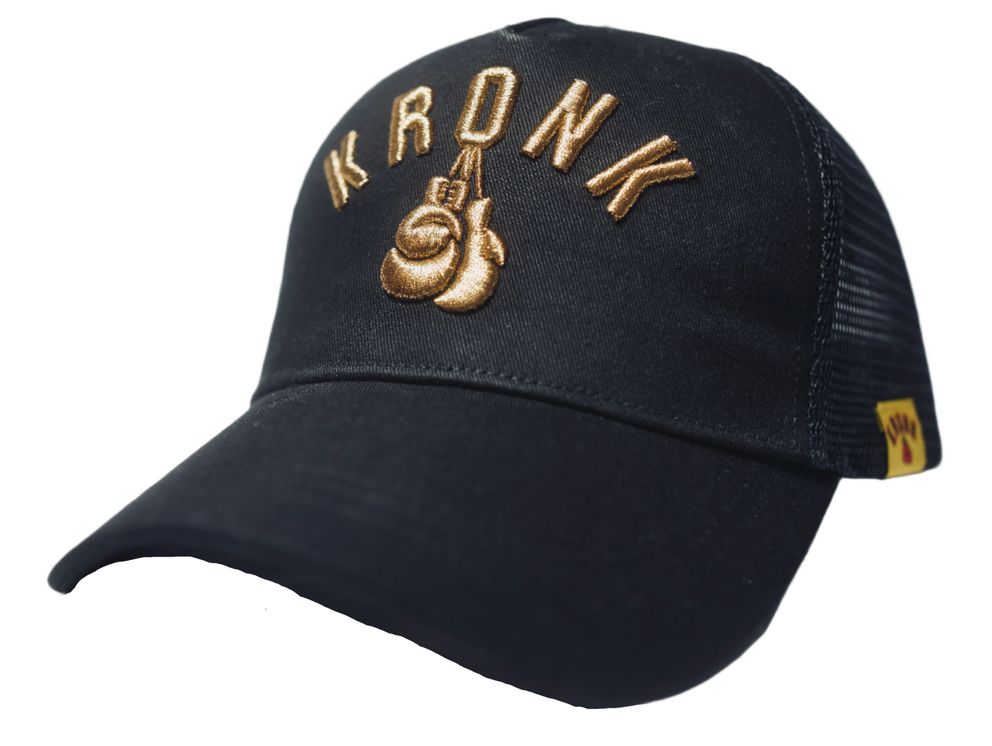 KRONK Olympic Trucker Cap: Black with 3D Gold Embroidery