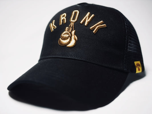 KRONK Olympic Trucker Cap: Black with 3D Gold Embroidery