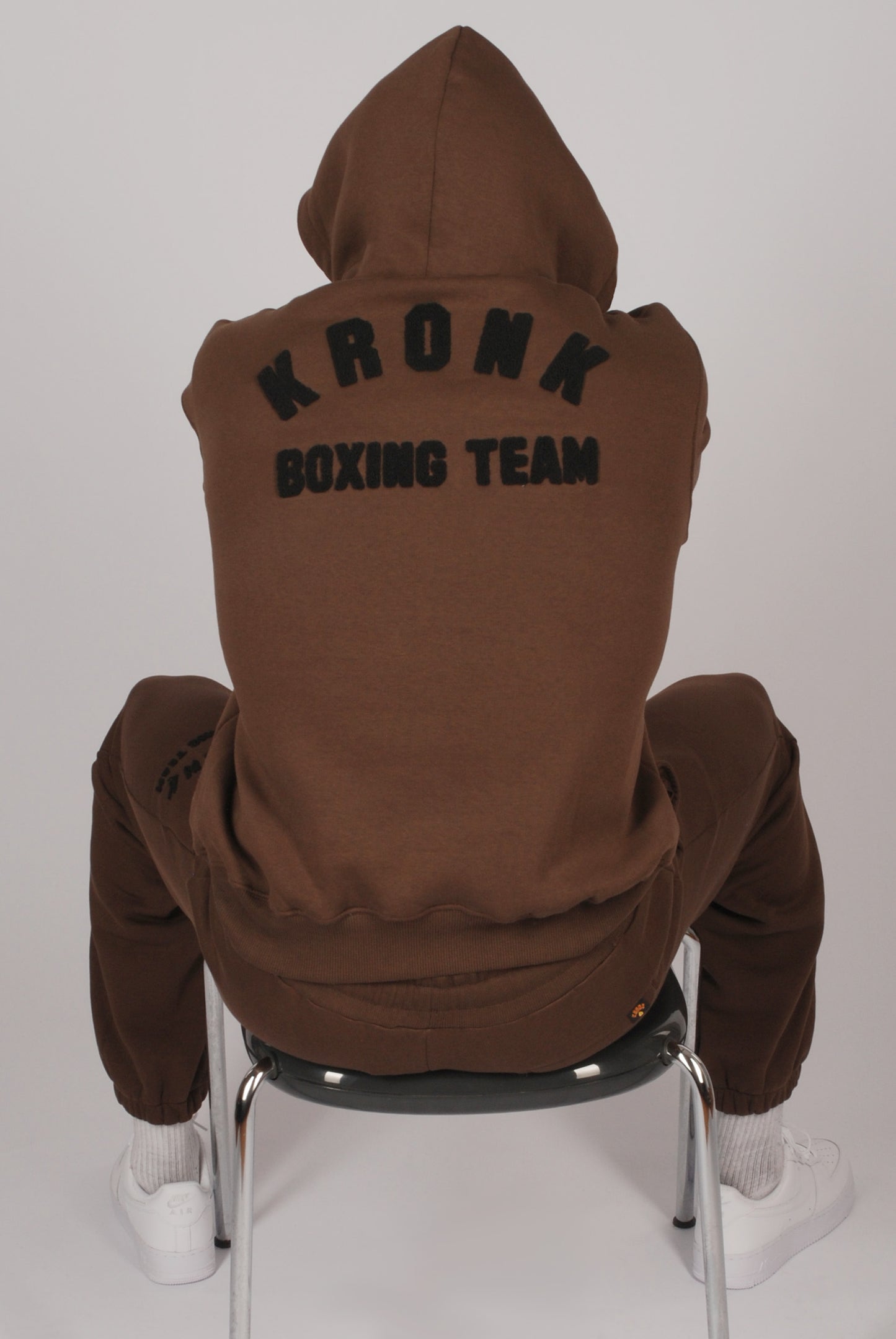 KRONK Boxing Team Towelling Applique Hoodie Loose Fit Dark Brown
