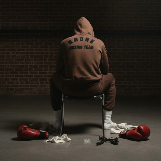 KRONK Boxing Team Towelling Applique Hoodie Loose Fit Dark Brown
