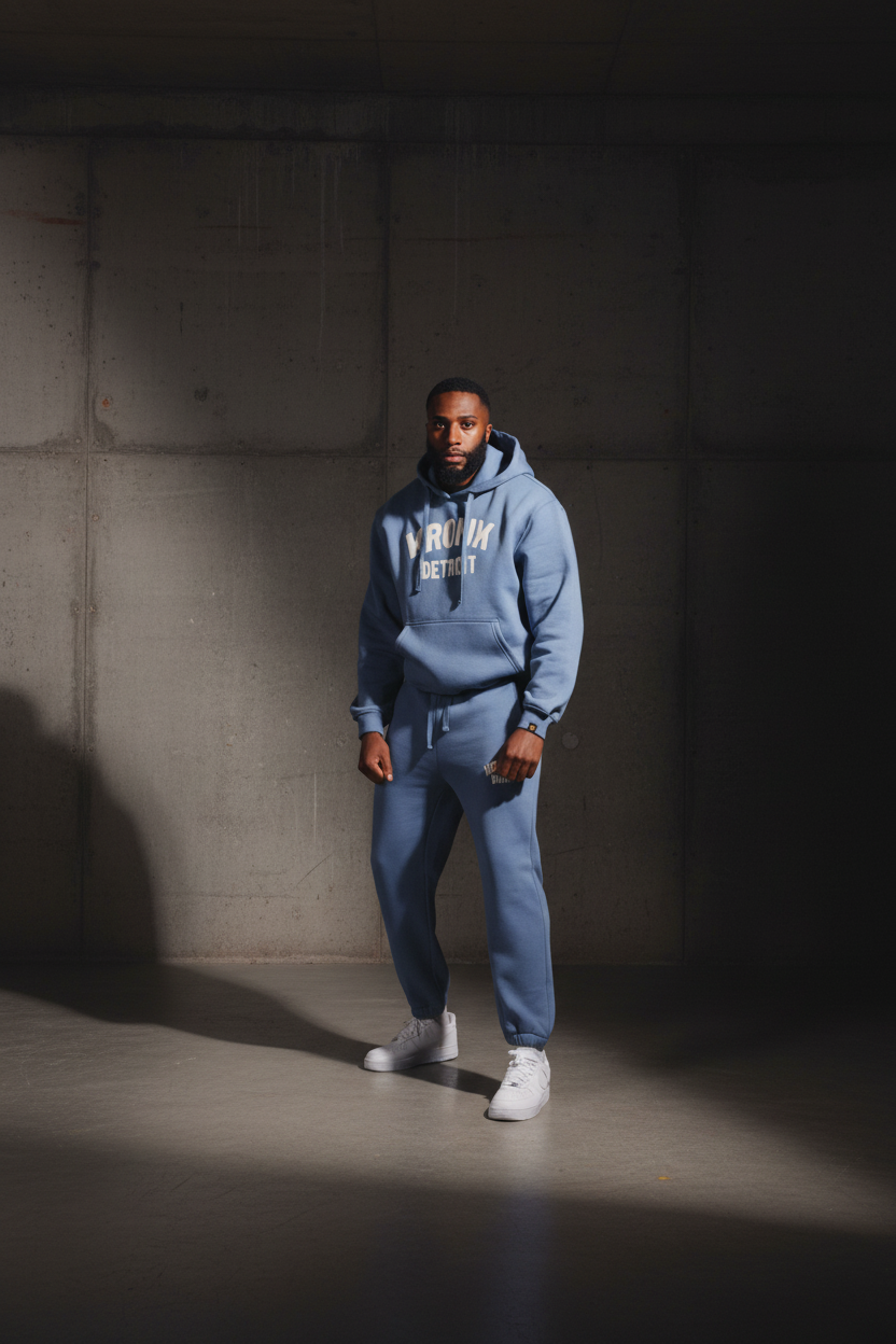 KRONK Detroit Chain Stitch Loose Fit Hoodie Steel Blue