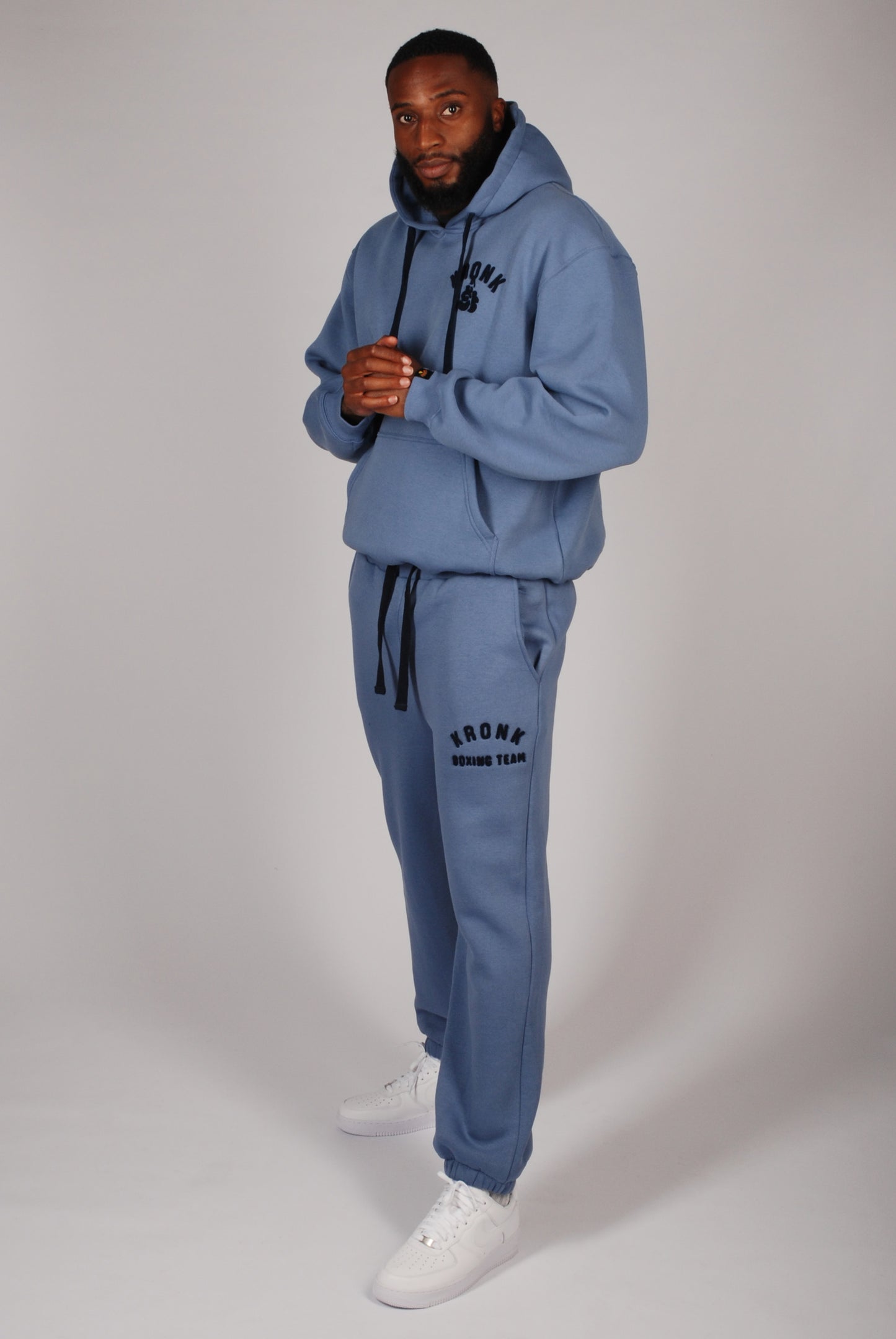 KRONK Boxing Team Towelling Applique Hoodie Loose Fit Steel Blue