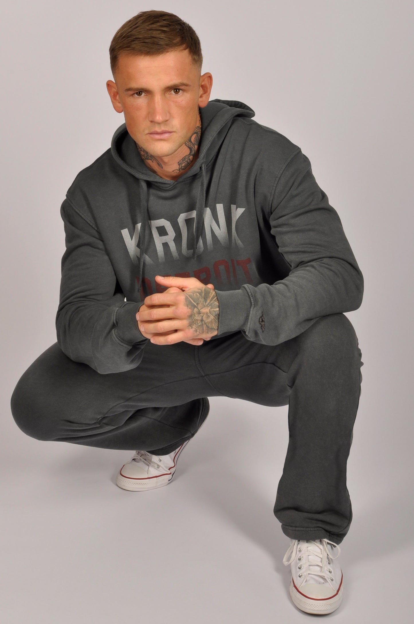 KRONK Faded Iconic Detroit Vintage Wash Hoodie Loose Fit Charcoal