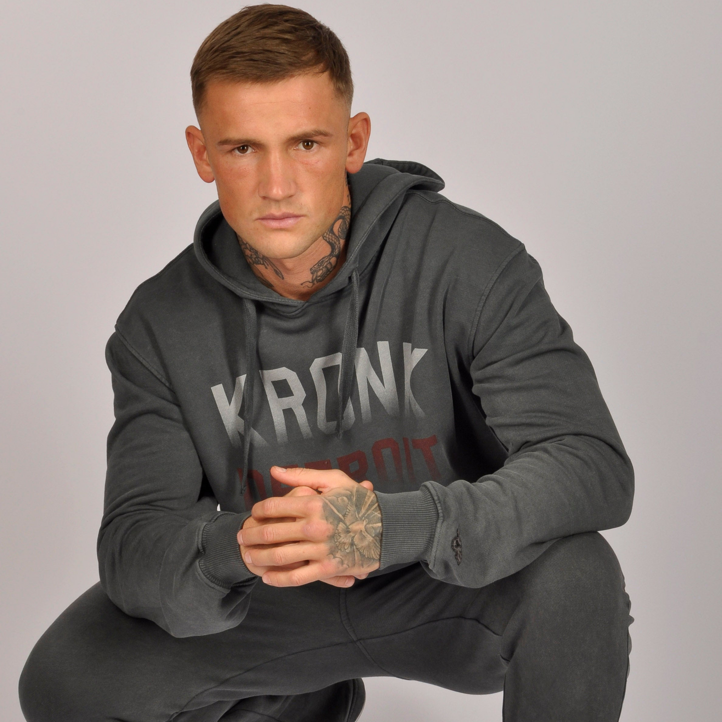 KRONK Faded Iconic Detroit Vintage Wash Hoodie Loose Fit Charcoal