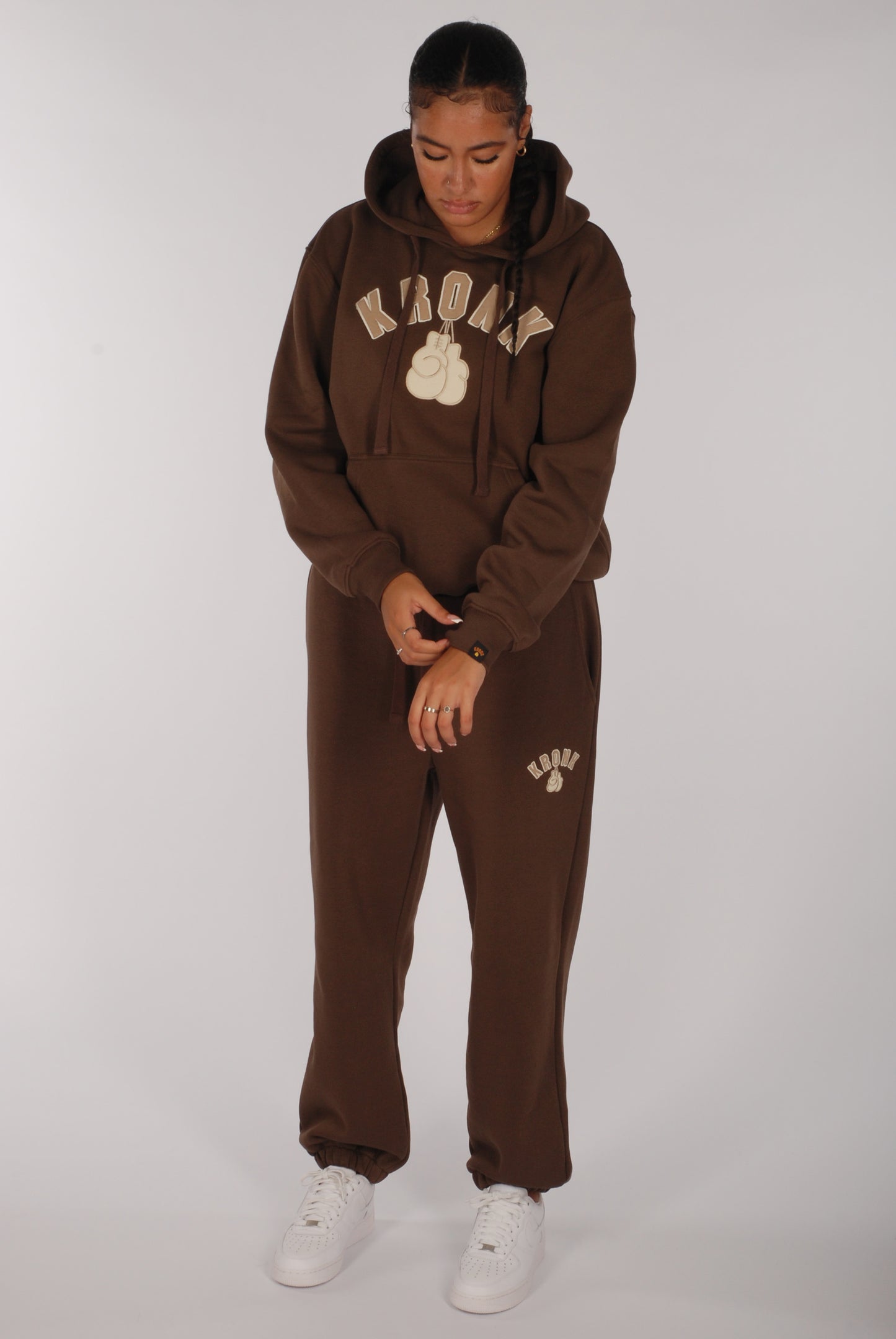 KRONKWOMEN Gloves Applique Hoodie Loose Fit Dark Brown