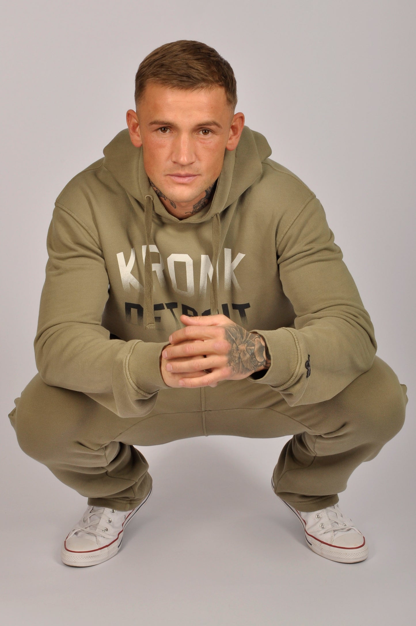 KRONK Faded Iconic Detroit Vintage Wash Hoodie Loose Fit Khaki