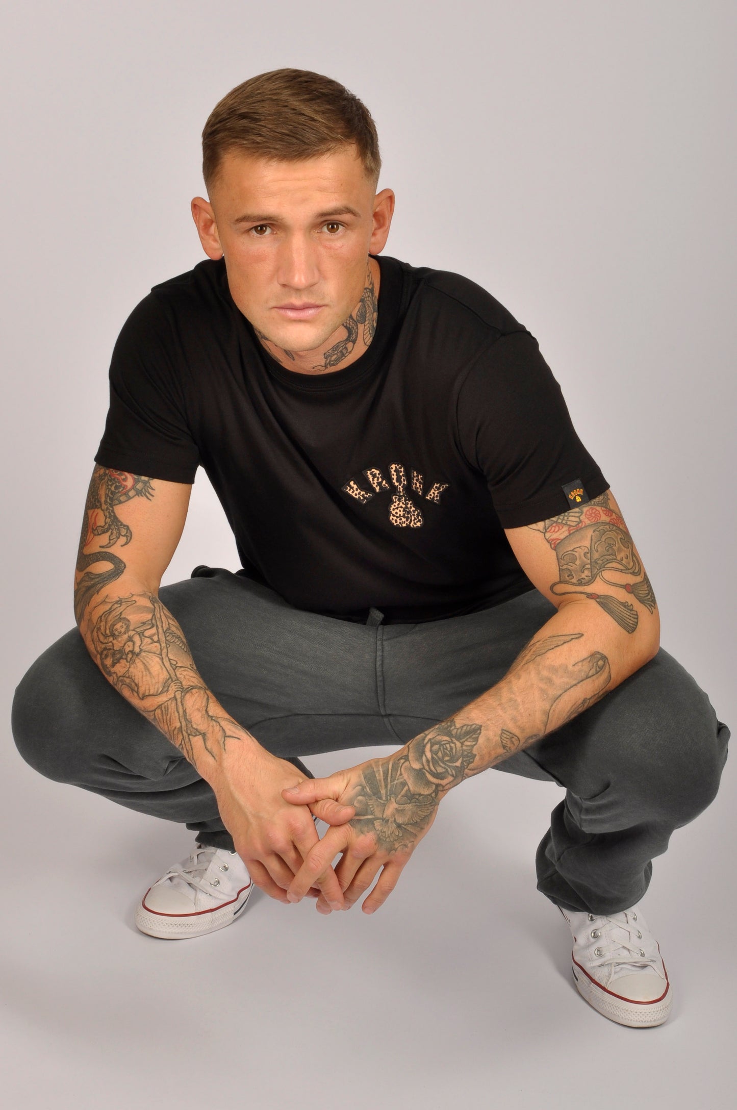 KRONK Leopard Gloves Slim Fit Cotton T Shirt Black