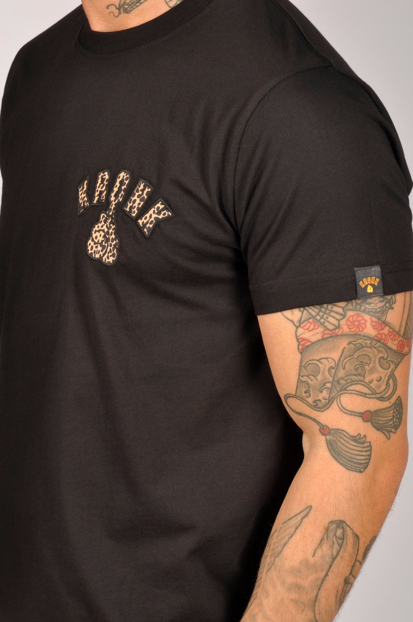KRONK Leopard Gloves Slim Fit Cotton T Shirt Black
