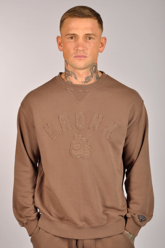 KRONK One Colour Gloves Raw Edge Applique Vintage Wash Sweatshirt Dark Brown