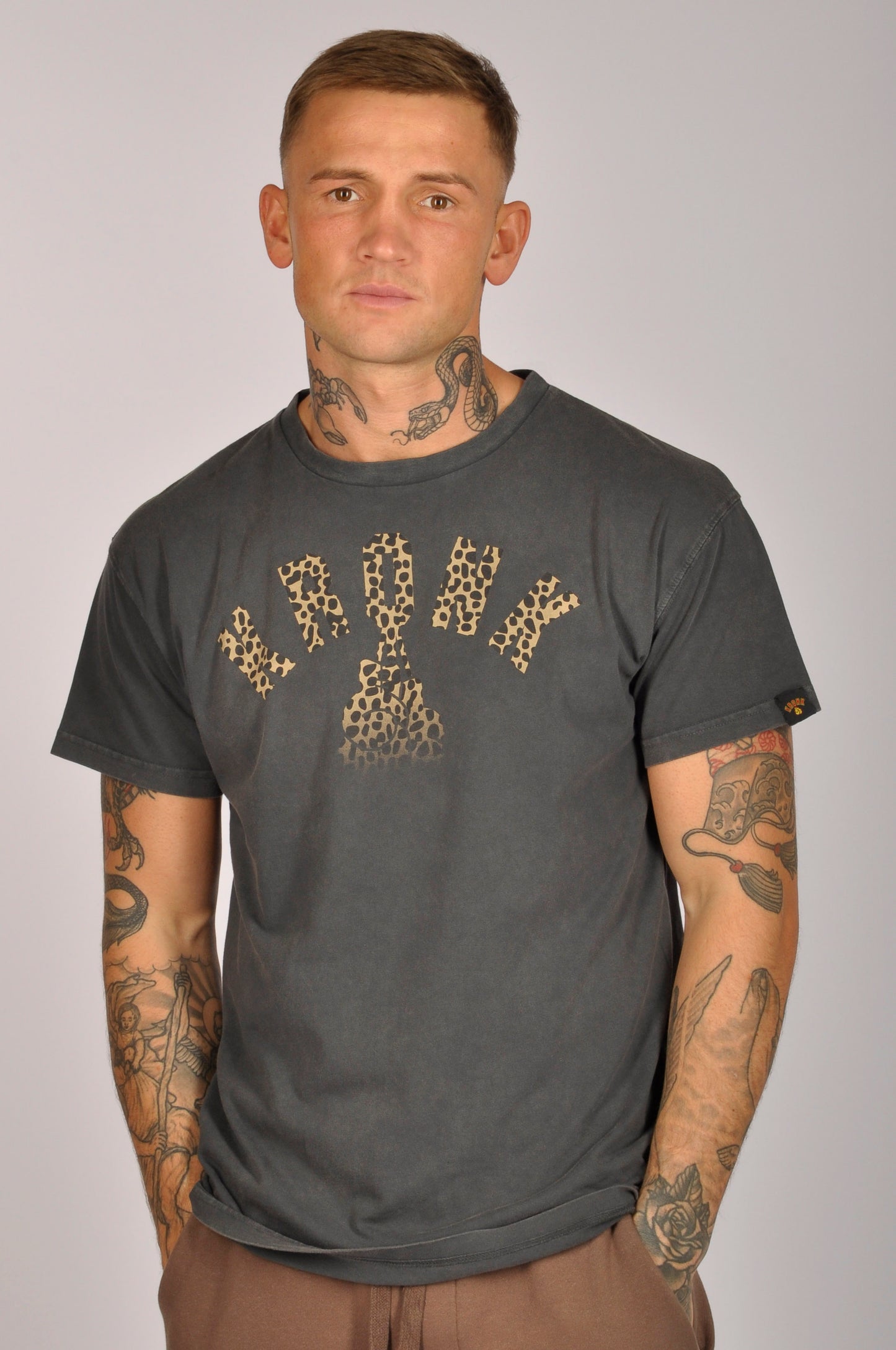 KRONK Faded Leopard Gloves Loose Fit Vintage Wash T Shirt Charcoal