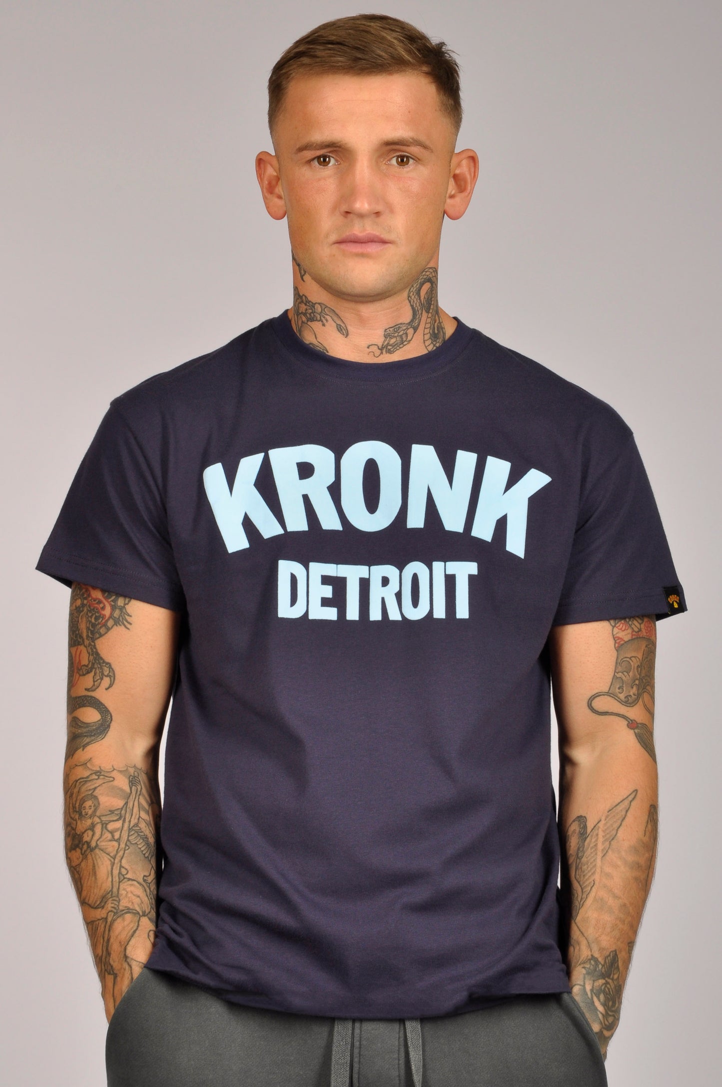 KRONK Detroit Regular Fit T Shirt Navy with Sky Blue logo