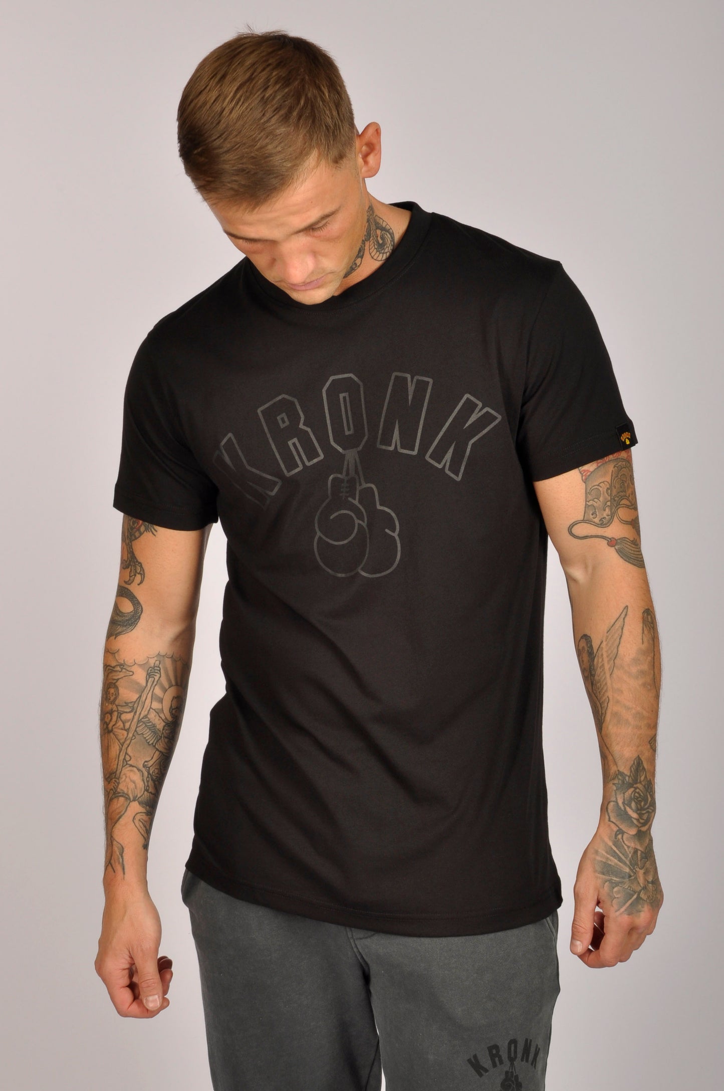 KRONK Outline Gloves Slim Fit Cotton T Shirt Black & Charcoal