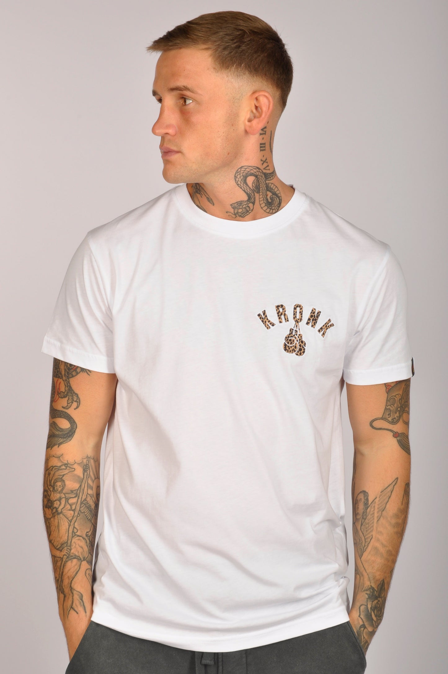 KRONK Leopard Gloves Slim Fit Cotton T Shirt White