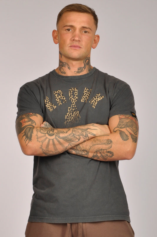 KRONK Faded Leopard Gloves Loose Fit Vintage Wash T Shirt Charcoal