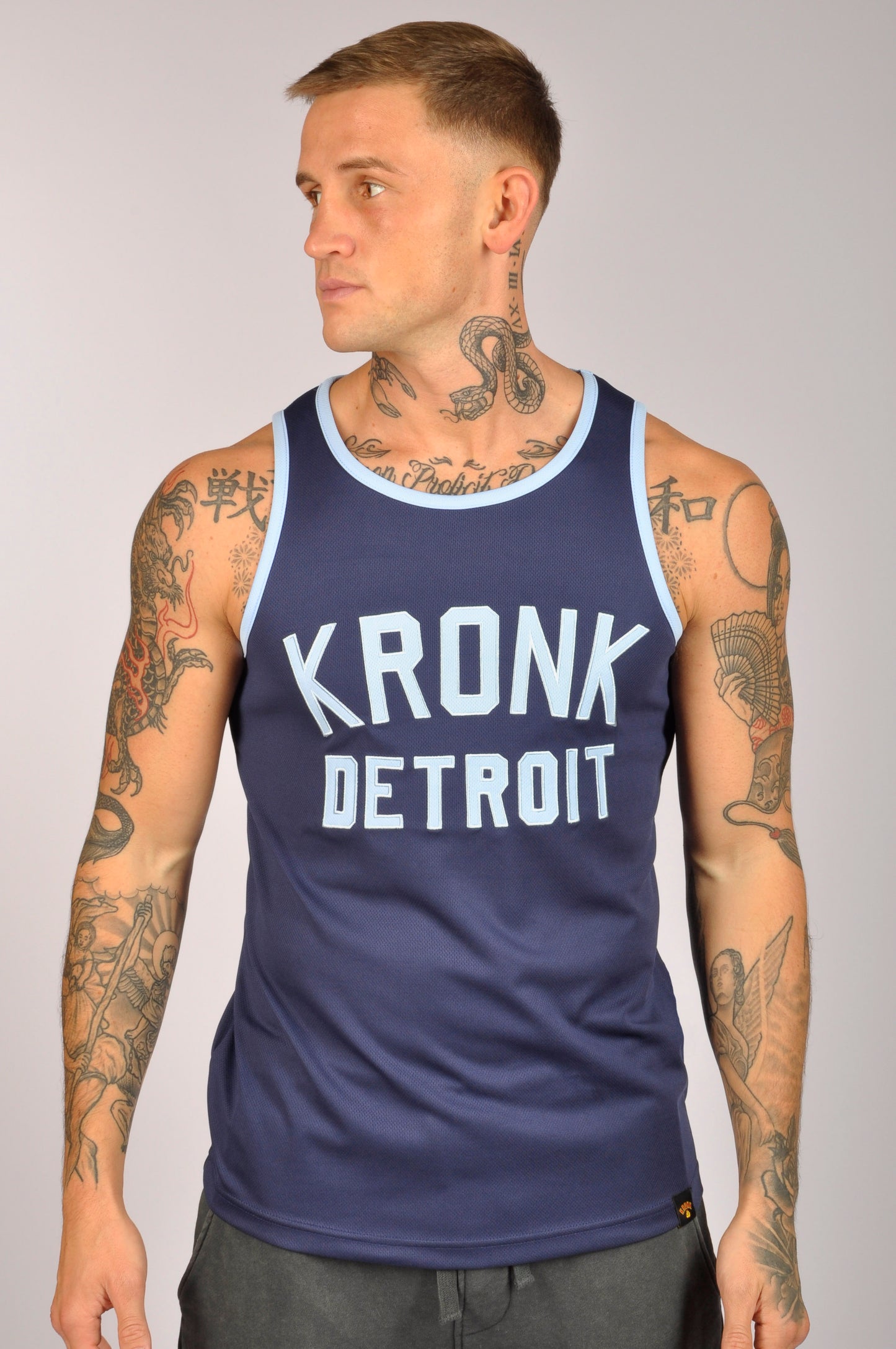 KRONK Iconic Detroit Applique Training Gym Vest Navy & Sky Blue