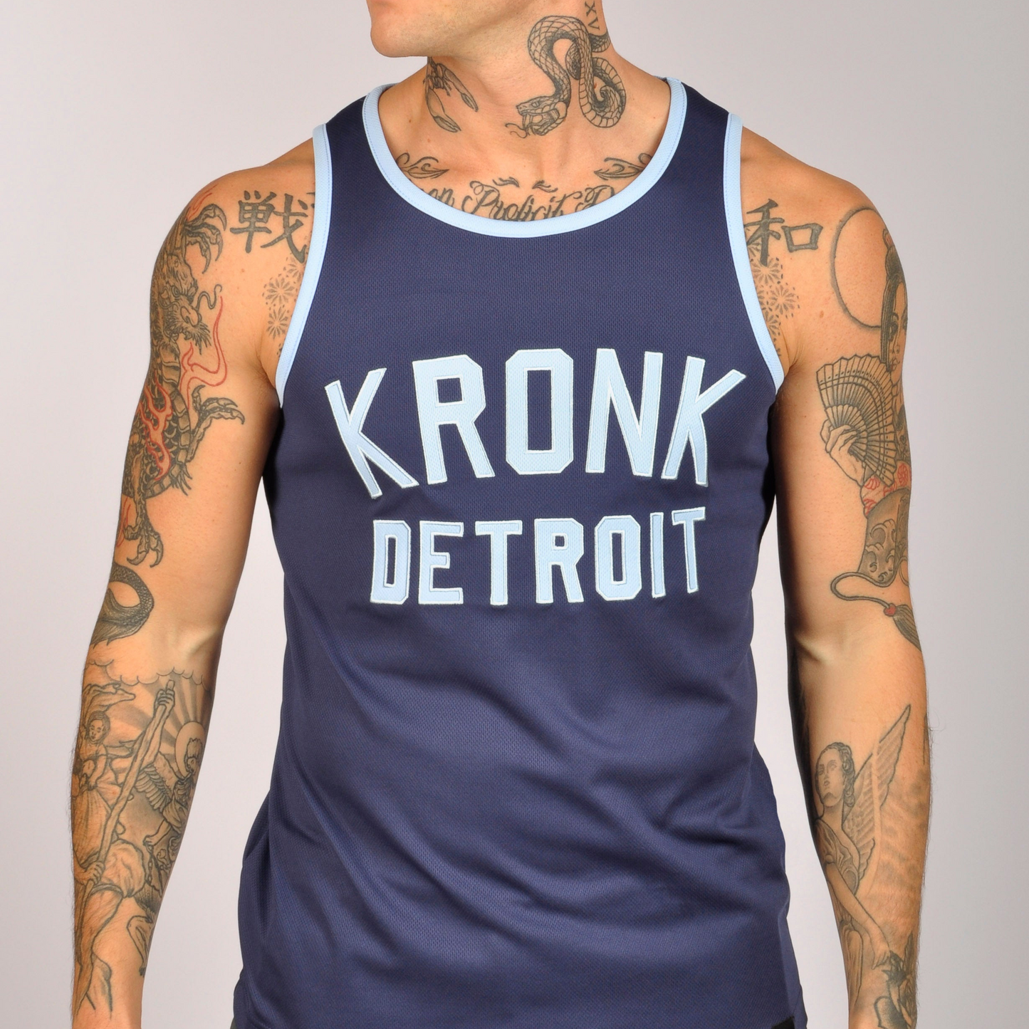KRONK Iconic Detroit Applique Training Gym Vest Navy & Sky Blue