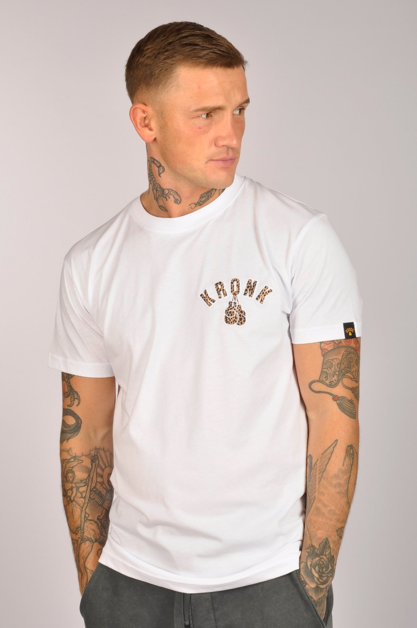 KRONK Leopard Gloves Slim Fit Cotton T Shirt White