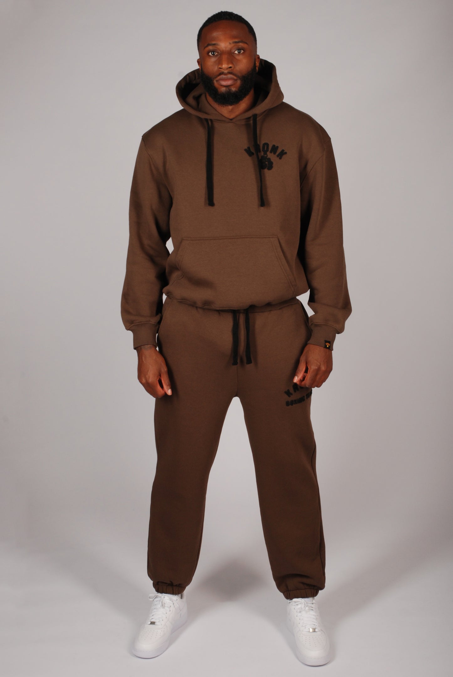 KRONK Boxing Team Towelling Applique Hoodie Loose Fit Dark Brown