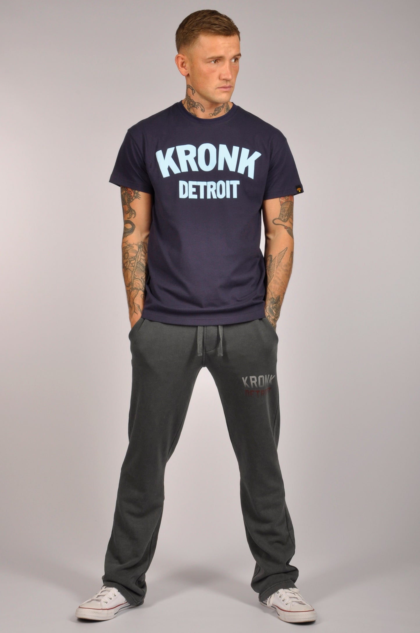 KRONK Detroit Regular Fit T Shirt Navy with Sky Blue logo