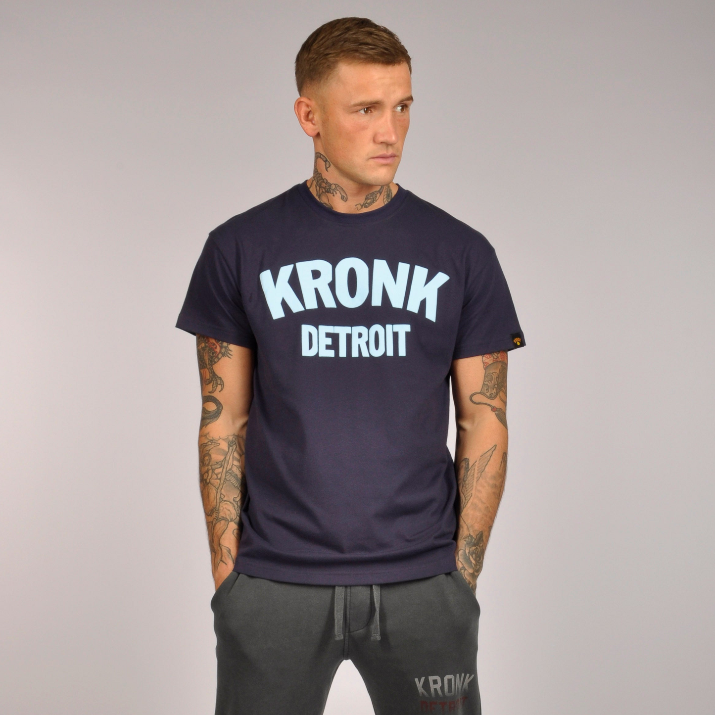 KRONK Detroit Regular Fit T Shirt Navy with Sky Blue logo